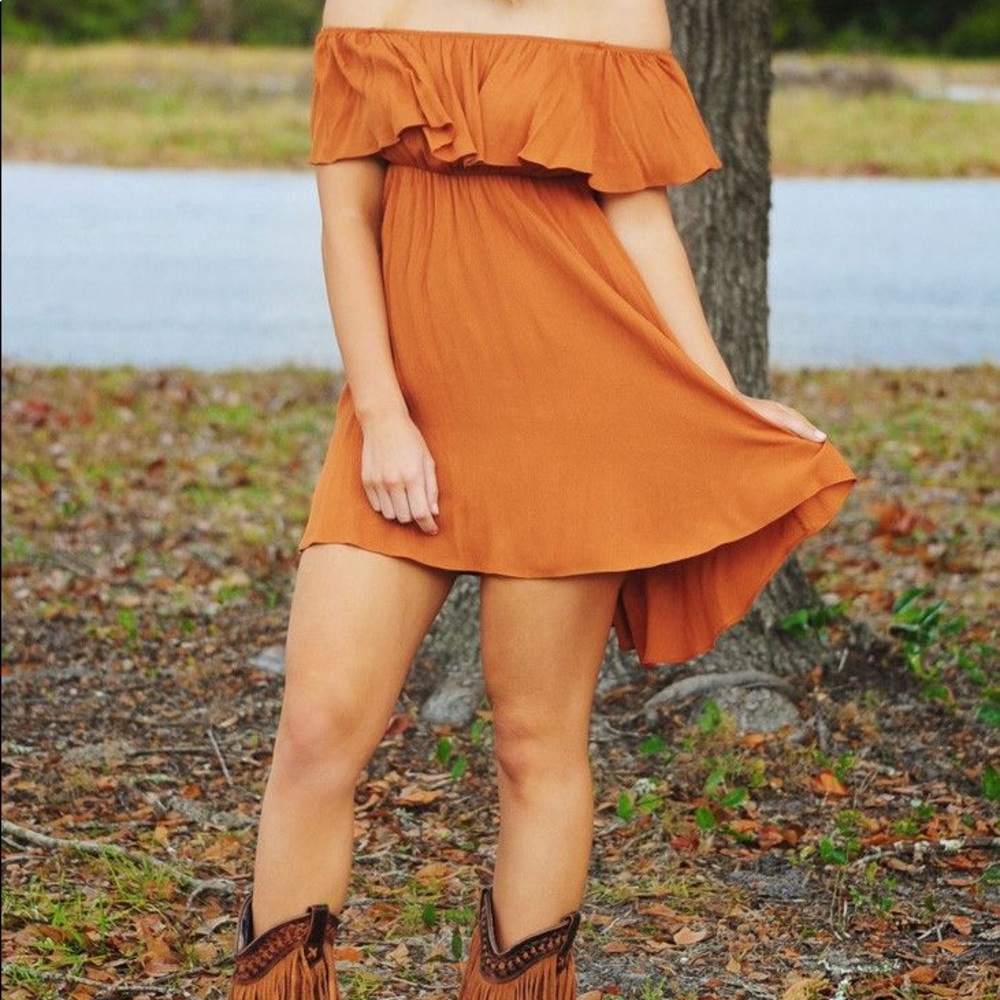 Burnt orange off shoulder dress